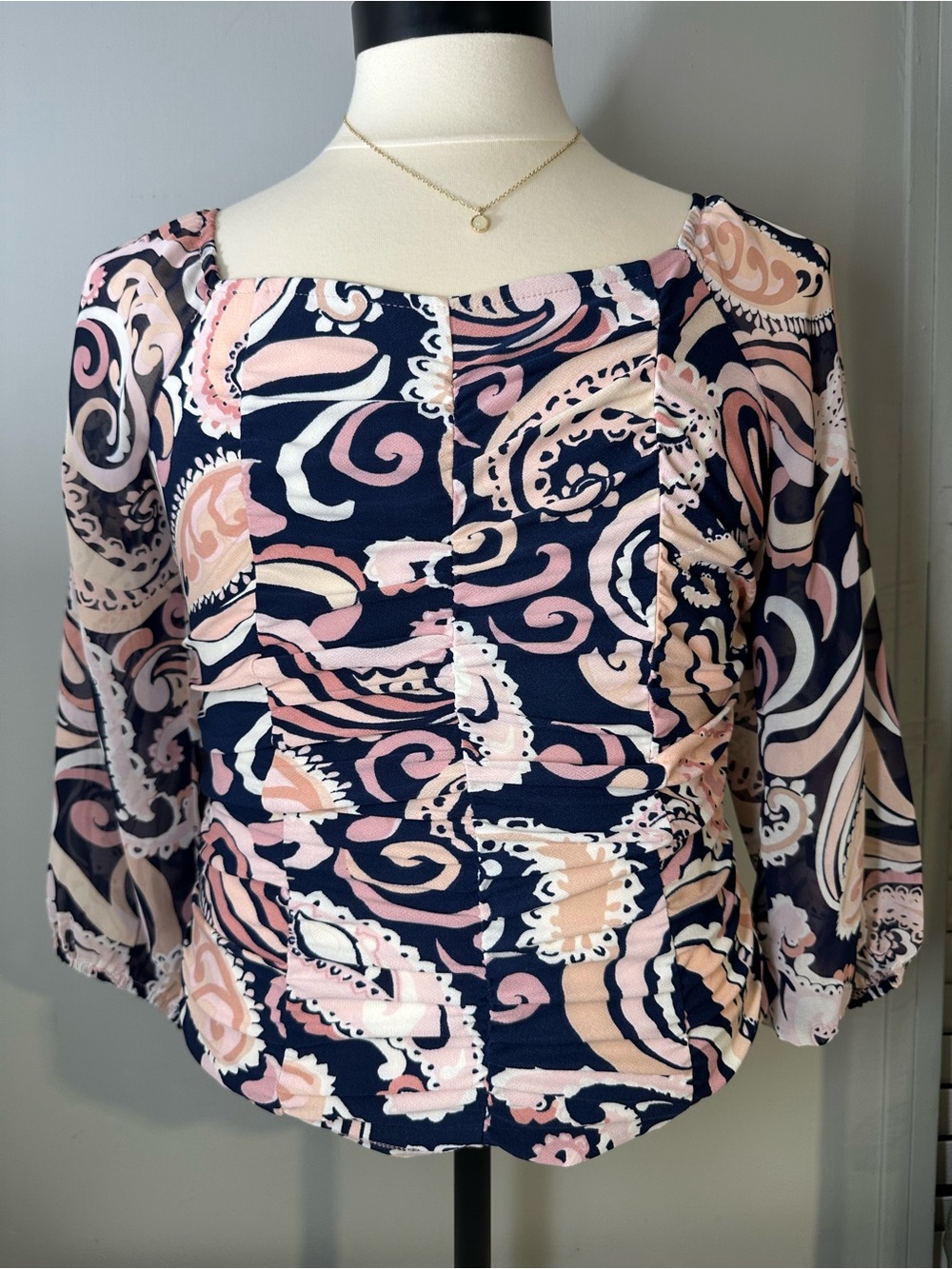 Women’s Navy and Blush Paisley Off-Shoulder Top